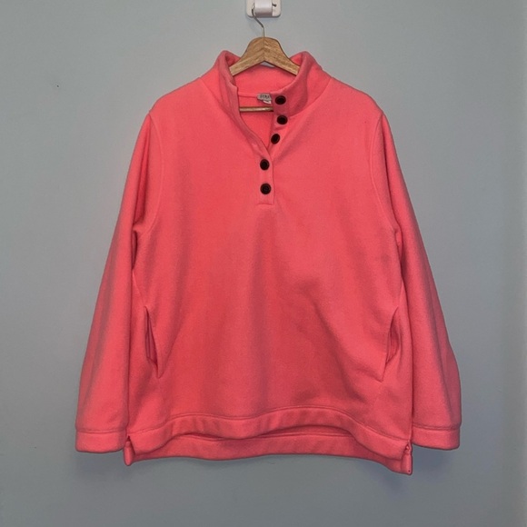 J Crew Womens 2XL neon pink fleece pull over sweater, button collar & pockets - Picture 1 of 6